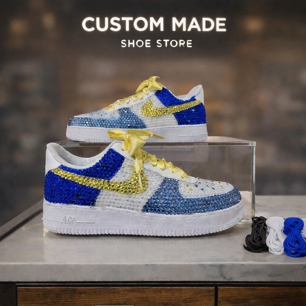 Custom Nike Air Force 1 Low Rhinestone Crystal Blue Yellow White Sneakers Womens - Picture 1 of 6